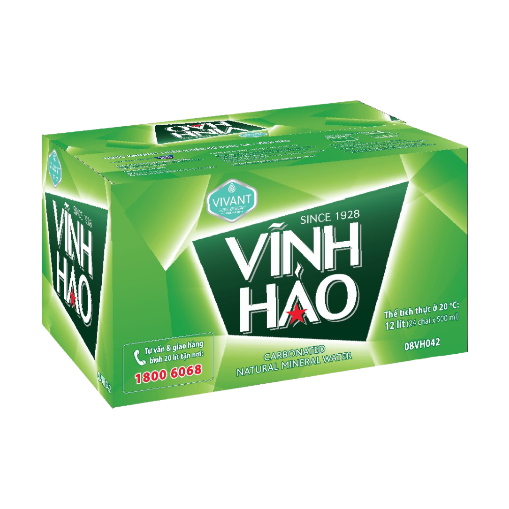 Thùng 24 nước khoáng tự nhiên có ga Vĩnh Hảo chai 500ml chính hãng