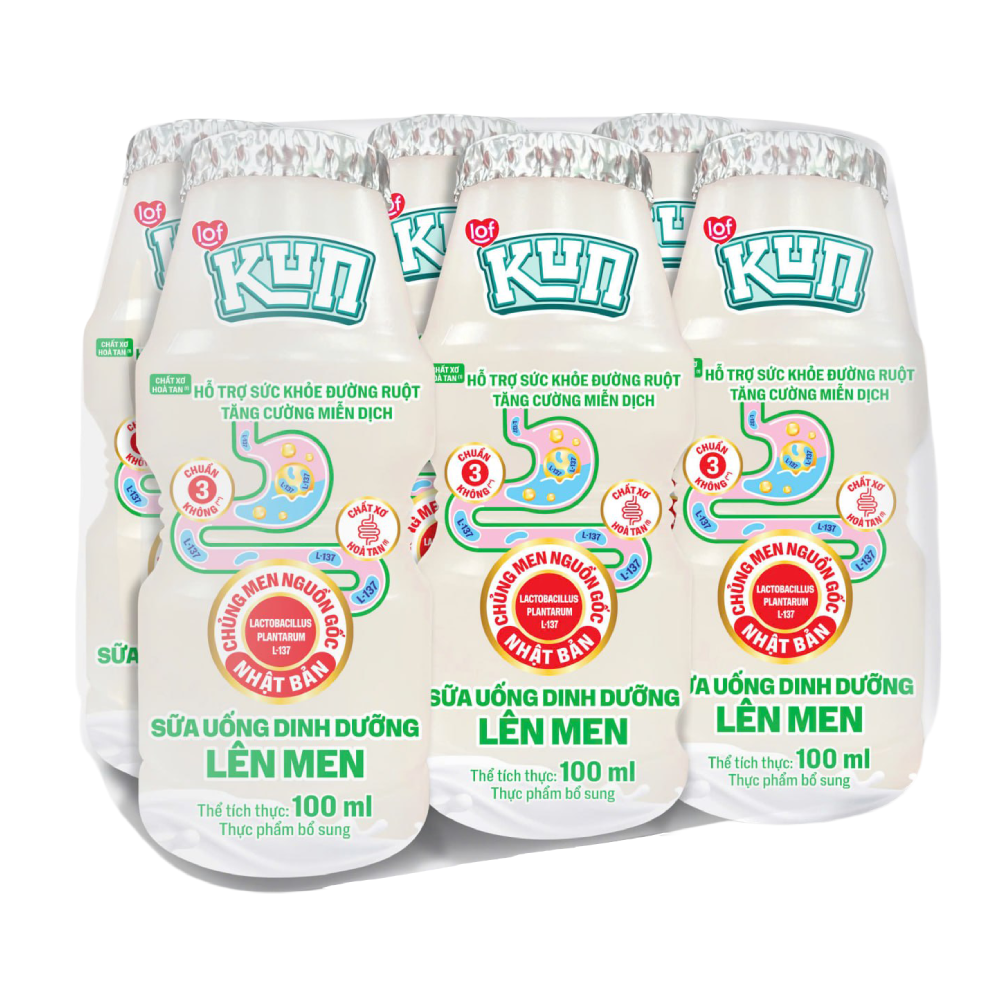 Lô 6 sữa chua uống lên men Lof Kun có đường hộp 100ml chính hãng