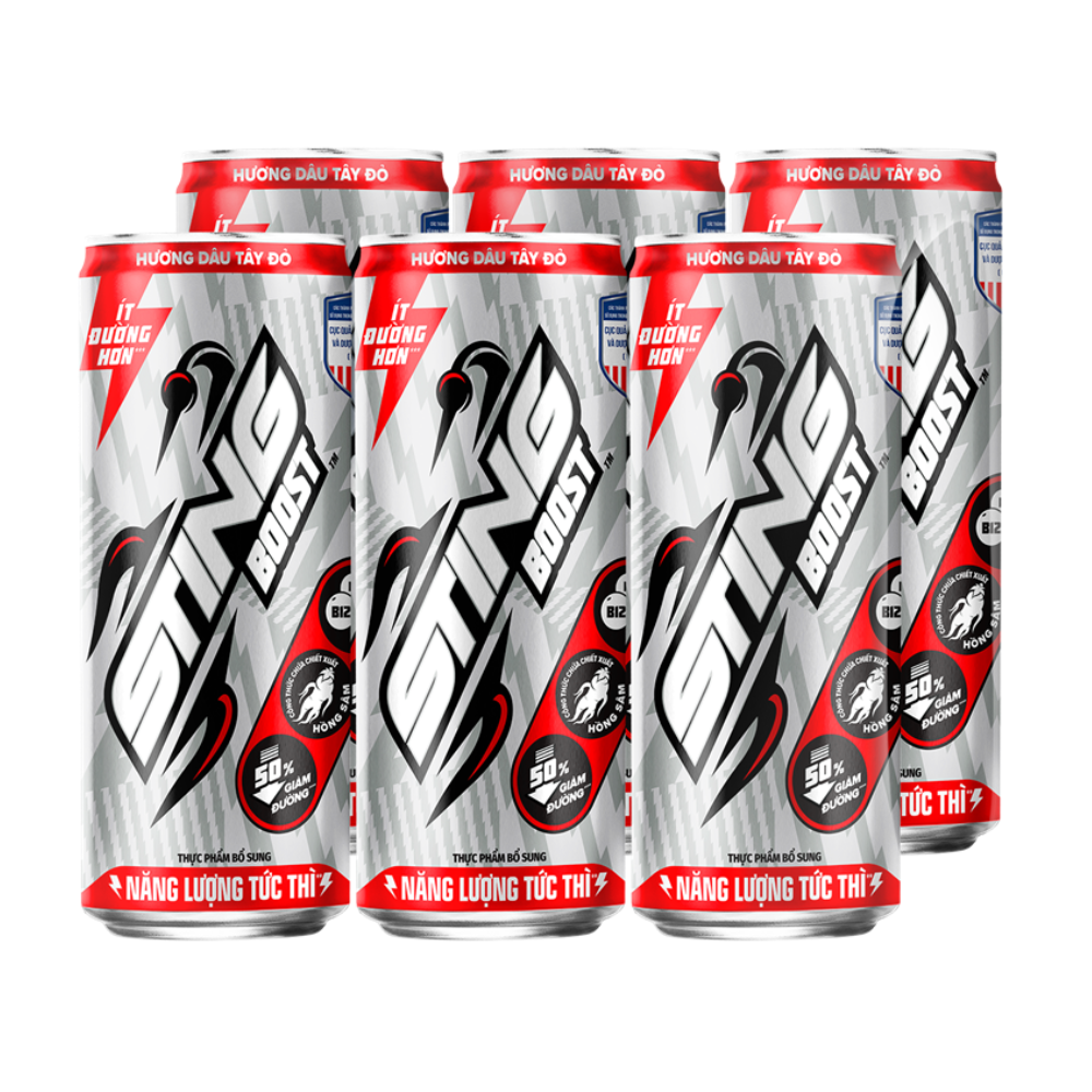 Lô 6 nước tăng lực Sting dâu tây đỏ ít đường lon 330ml chính hãng