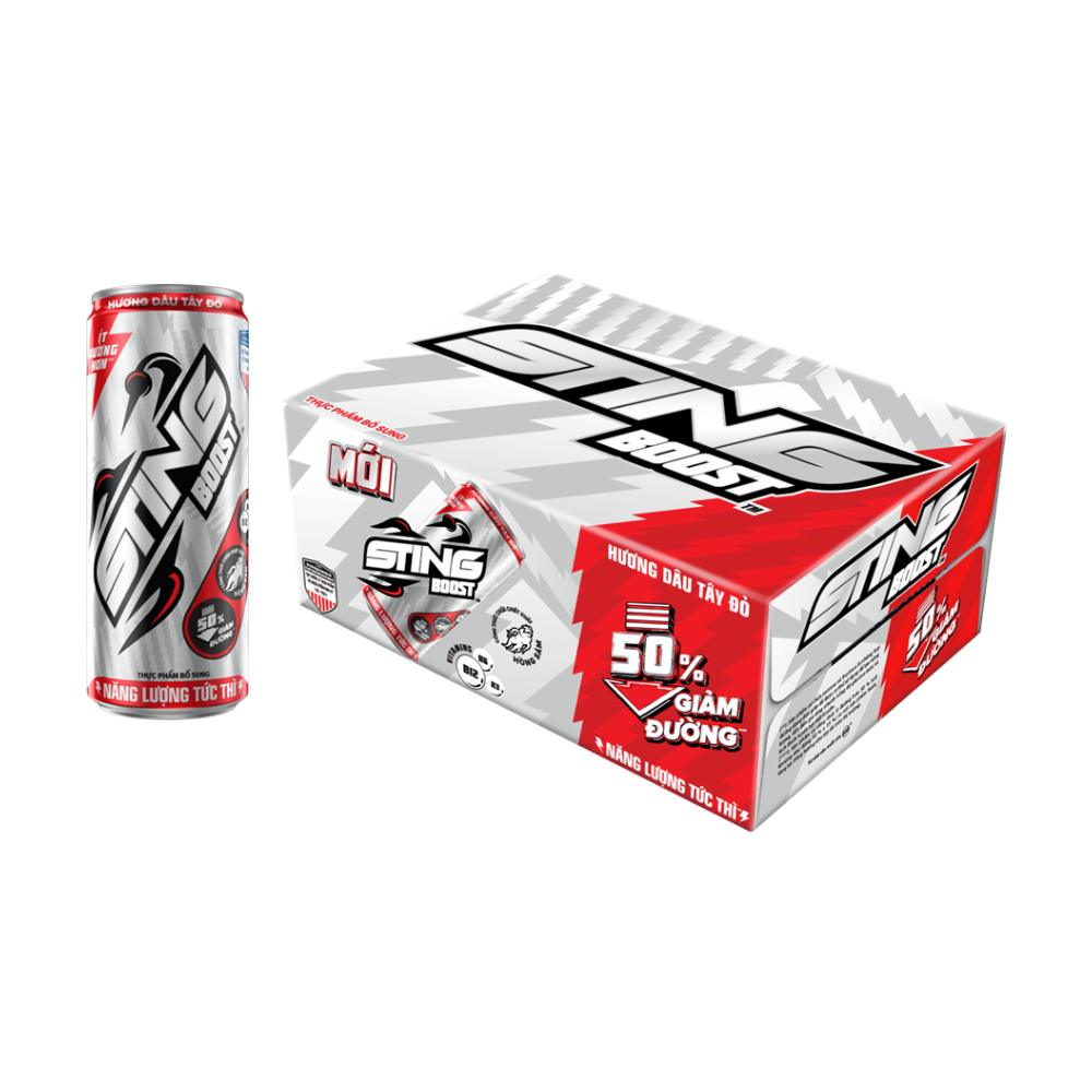 Thùng 24 nước tăng lực Sting dâu tây đỏ ít đường lon 330ml chính hãng
